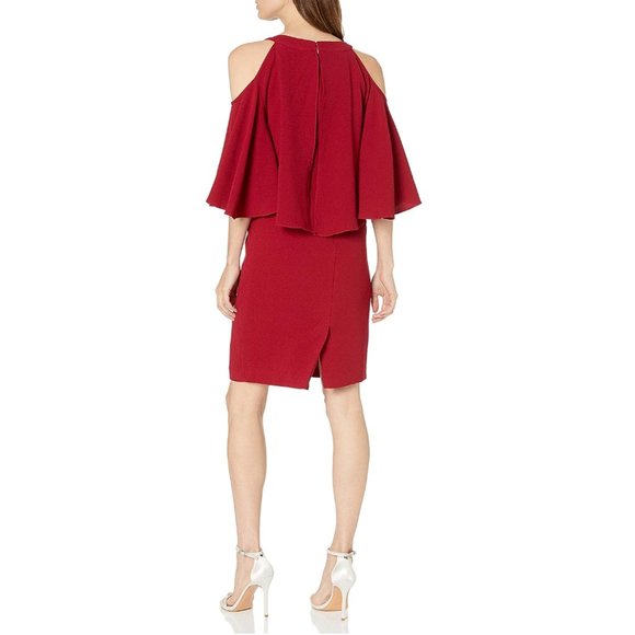 Adrianna Papell Women's Red Sexy Dress Cold Shoulder Sheath Crepe Black Cherry - Picture 2 of 15